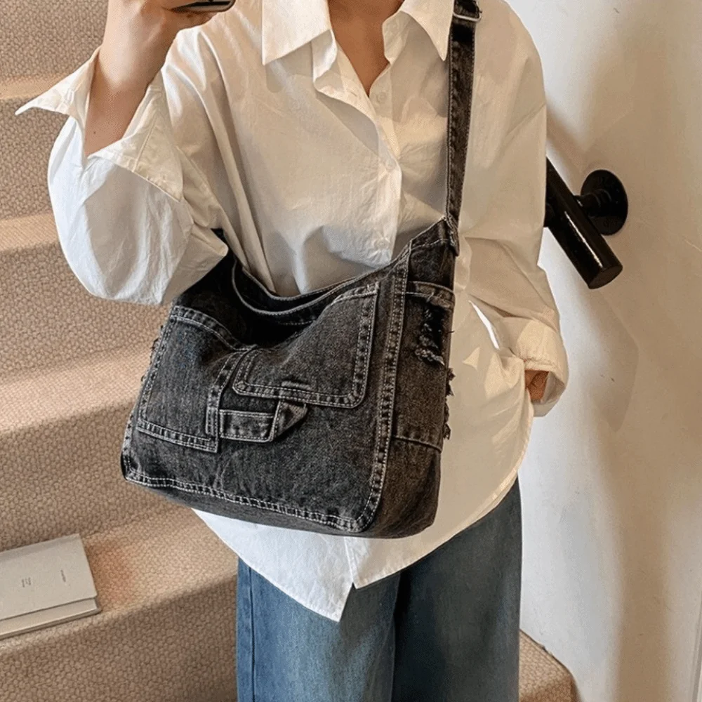 

Trendy Vintage Denim Shoulder Bag Large Capacity Versatile Hobo Sling Bag Cross Body Zipper Satchel Bags Women Men