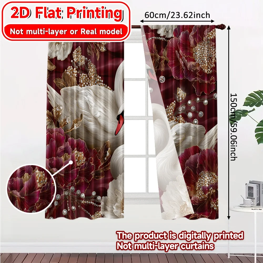 2D Flat Printing,2pcs Elegant Swans Modern Curtains Durable 100% Polyester Fabric Curtains Gifts Suitable for Bedroom, Living