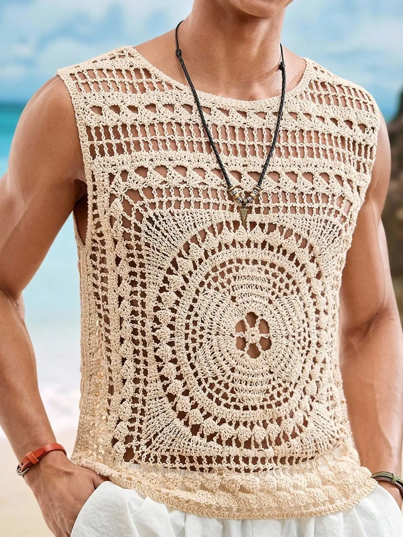 

Men's Beige Crochet Sleeveless Vest with Mandala Pattern - Summer Beach Casual Top