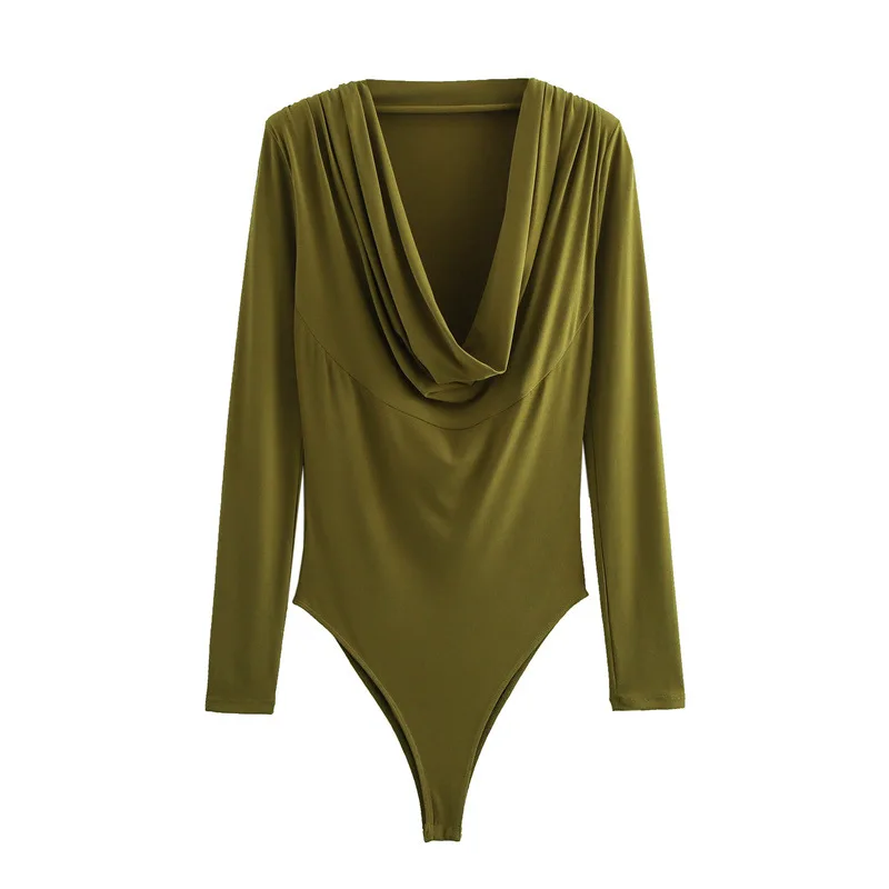 

Stylish and Sexy Pleated Collar Shoulder Padded Temperament Onesie