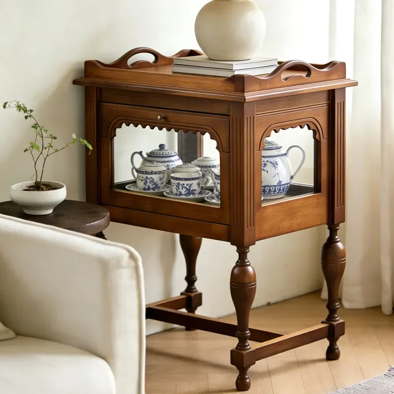 Retro Fairy Tale Decorative Side Cabinet Solid Wood Wall Storage Unit for Living Room Porch Pastoral Light Luxury Home