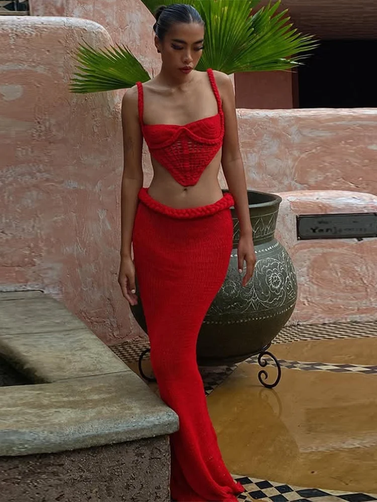 여성용 캐주얼 니트 투피스 세트, 우아한 민소매 백리스 크롭탑, 힙패키지 롱 스커트, 시크한 단색 숙녀 홀리데이 세트