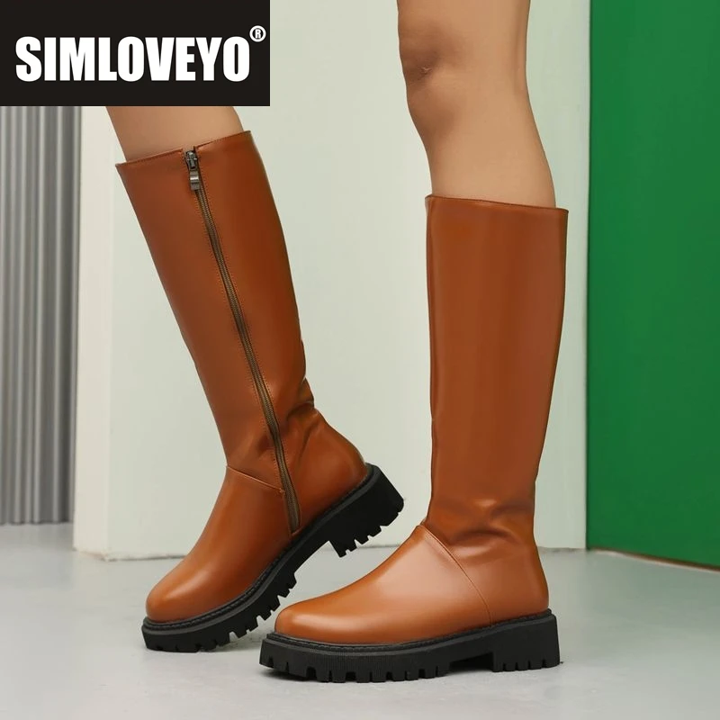 

SIMLOVEYO Flock Women Knee Boots Round Toe Thick Heels 4.5cm Platform 2.5cm Zipper Plus Size 44 45 US14 Leisure Daily Knee Bota