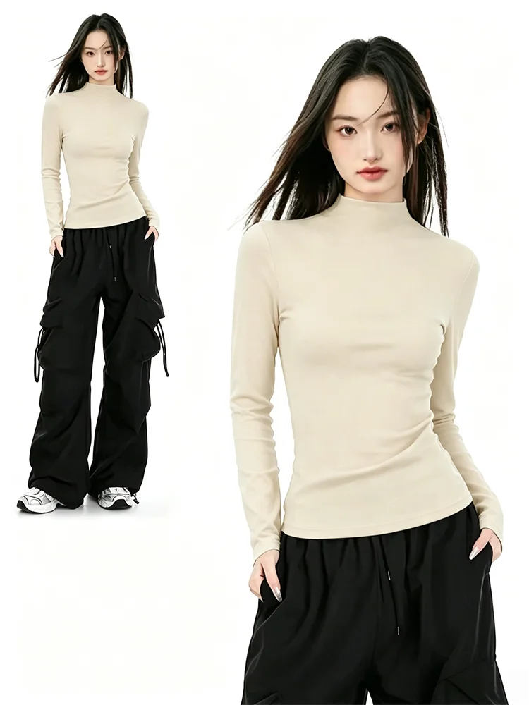 Women's Slim Fit Long Sleeve Fleece Lined Half High Neck Base Shirt Autumn Winter New Style Outerwear Casual Comfortable Top