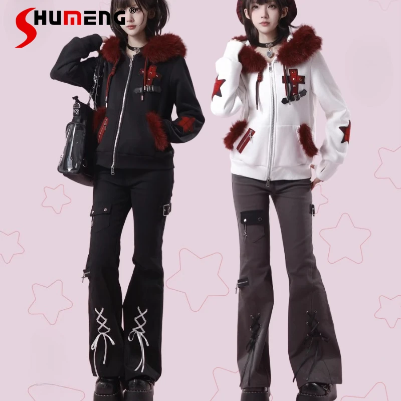 

Japanese Punk Style Washed Cotton Soft And Stiff Brushed Strap Zipper Slimming Long Pants Women's Clothing Y2k Kawaii Trousers