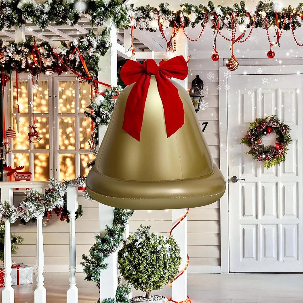 New Inflatable Christmas Bell With Bow Yard Decoration Simulation Christmas Bell Party Accessory Bell Shaped Balloon Golden