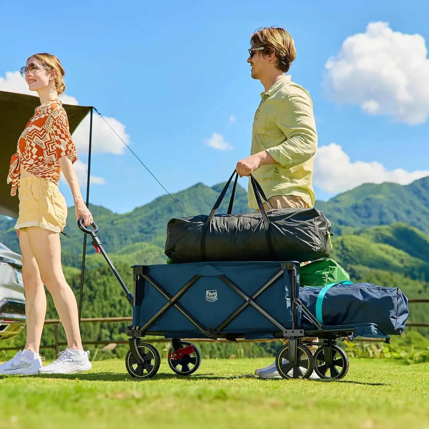 49' Collapsible Folding Wagon with Tailgate, 300lbs Heavy Duty Foldable Wagon with Wheels, 250L