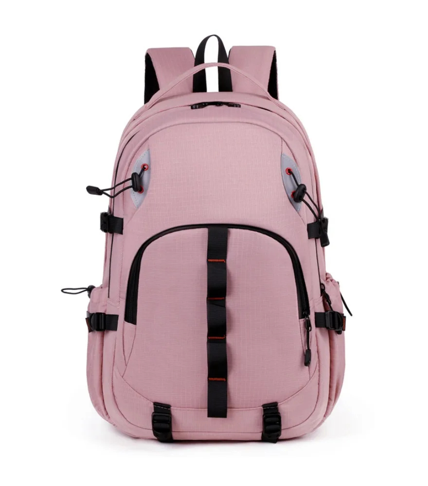 Pink grid fabric casual school backpack with black red stitched webbing side adjustable buckles elastic drawstring side pockets