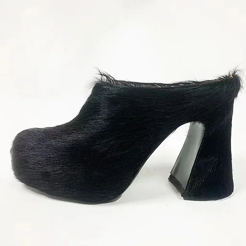 Deluxe Designer Hot Sale Women's  Horsehair Fur High Heels Italy  Elegant  Fashion Real Leather Round Furry Mules Shoes