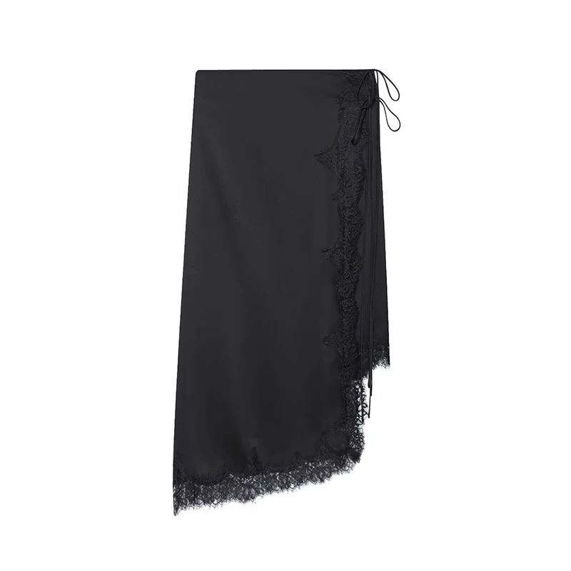 Sexy feminino renda guarnição preto cetim saia amarrando mid-rise fenda hem assimétrico midi saia faldas mujer