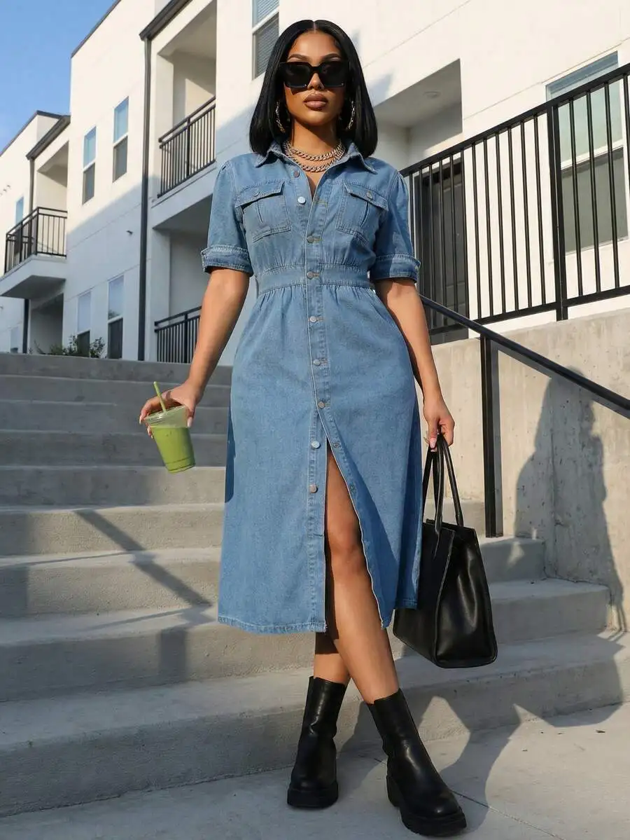 

Light Blue Washed Denim Midi Dress With Front Button Closure, Short Sleeves, And High Side Split