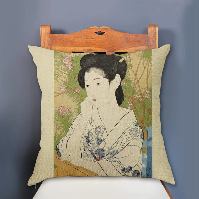 Traditional Japanese Wood Block Carving Art Elegant Woman Lady Girl Make Up Print Home Decorative Sofa Pillow Case Cushion Cover