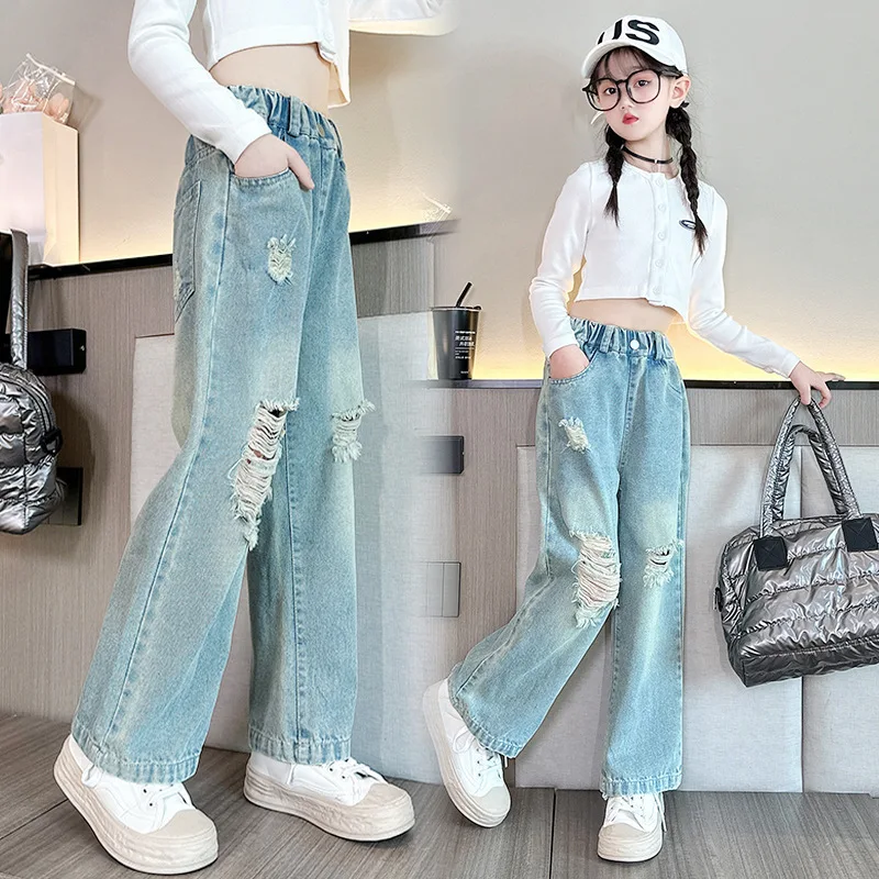 Girls Wide Leg Jeans for Spring Autumn New Slant Pocket Ripped Straight Denim Pants Big Kids Loose Fashion Children Clothes 5-14