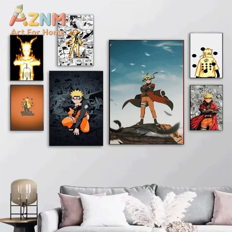 Naruto Uzumaki Anime Canvas Wall Art Print, Comic Manga Collage Background Character Poster, Unframed Canvas Painting for Bedr