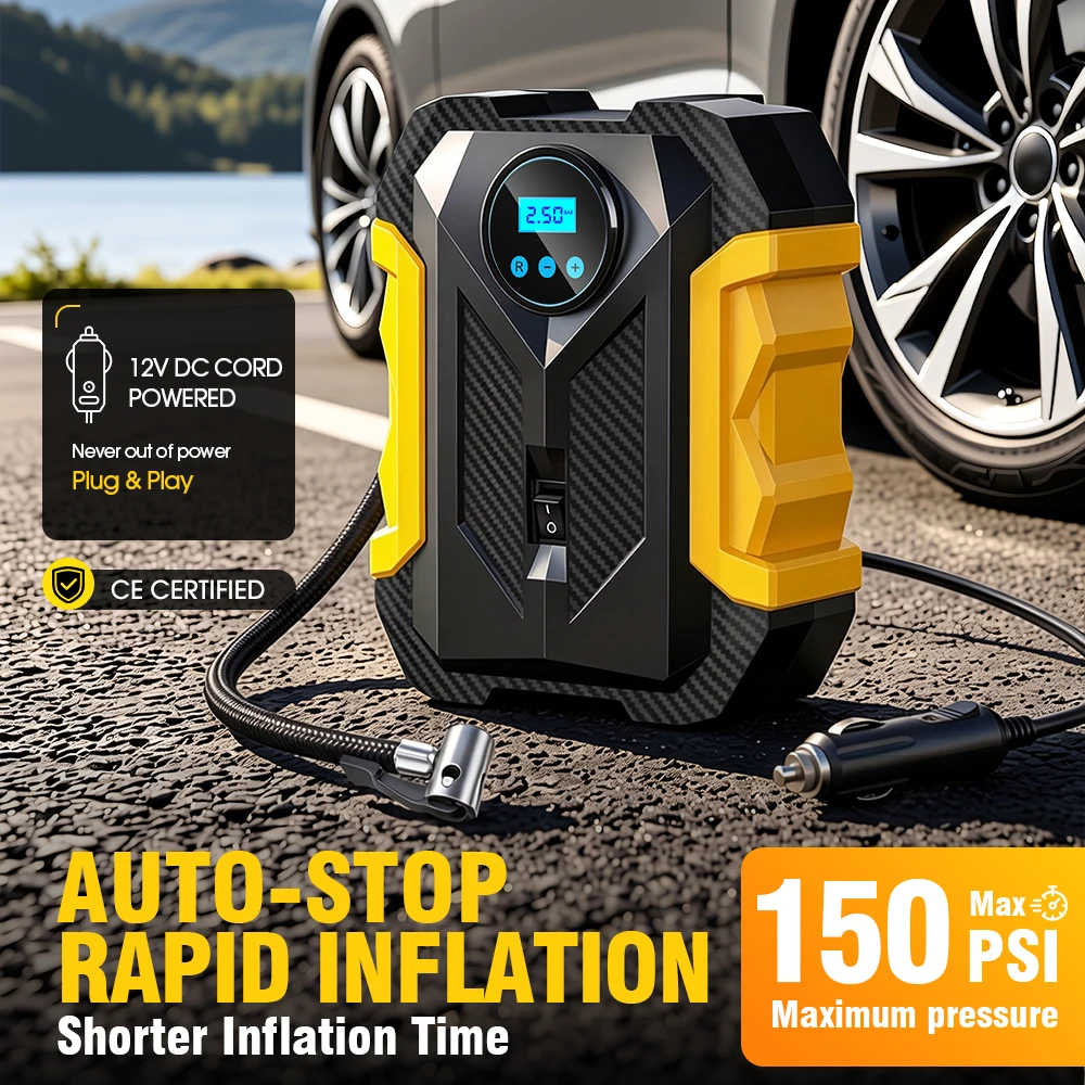 CARSUN 12V Car Air Pump 150PSI Portable Tire Inflator Digital Gauge LED Auto Shut-off for Motorcycle Bicycle Ball Pump CE