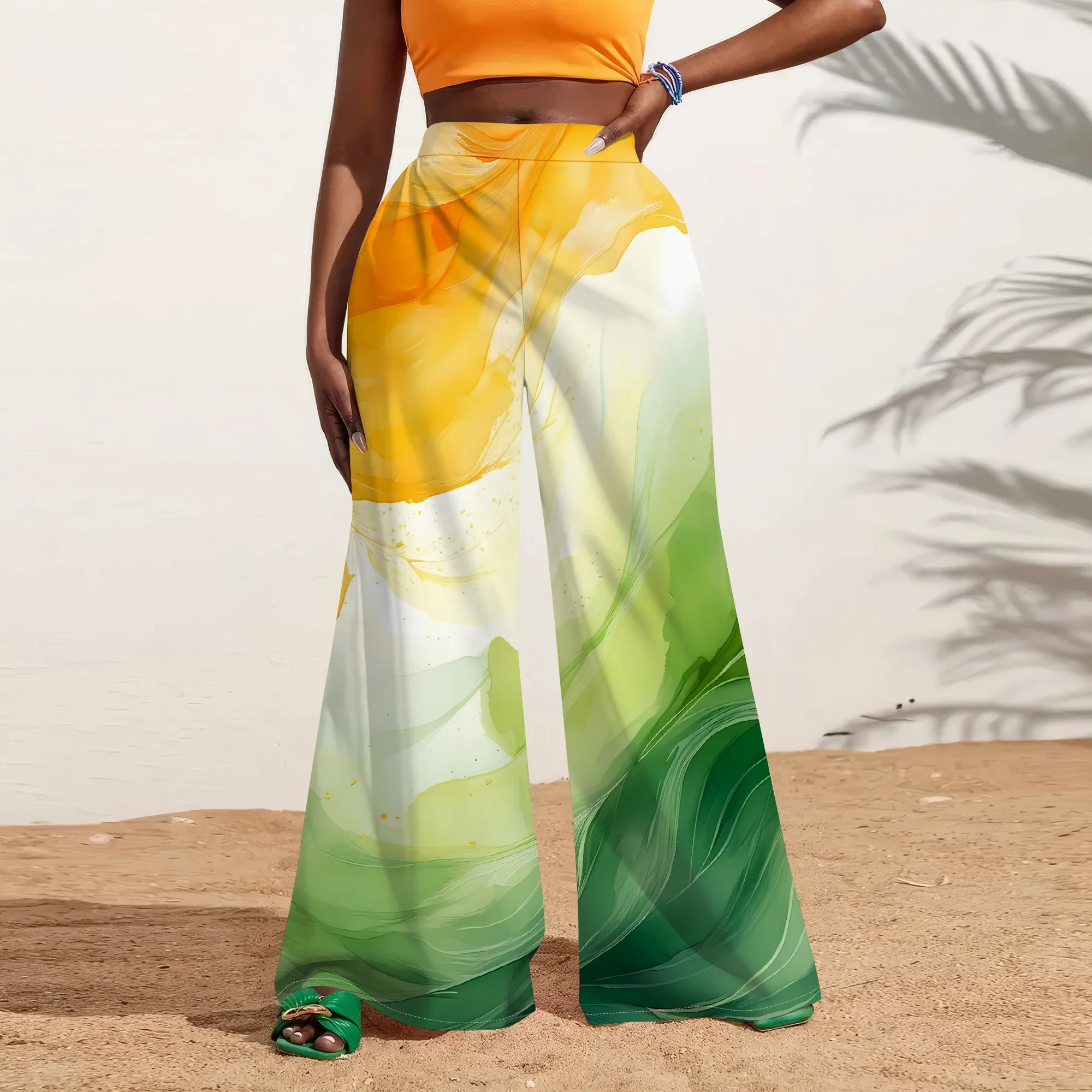 

Nupusa Watercolor Print Pants for Women Summer Casual High - Waisted Wide Leg Trousers