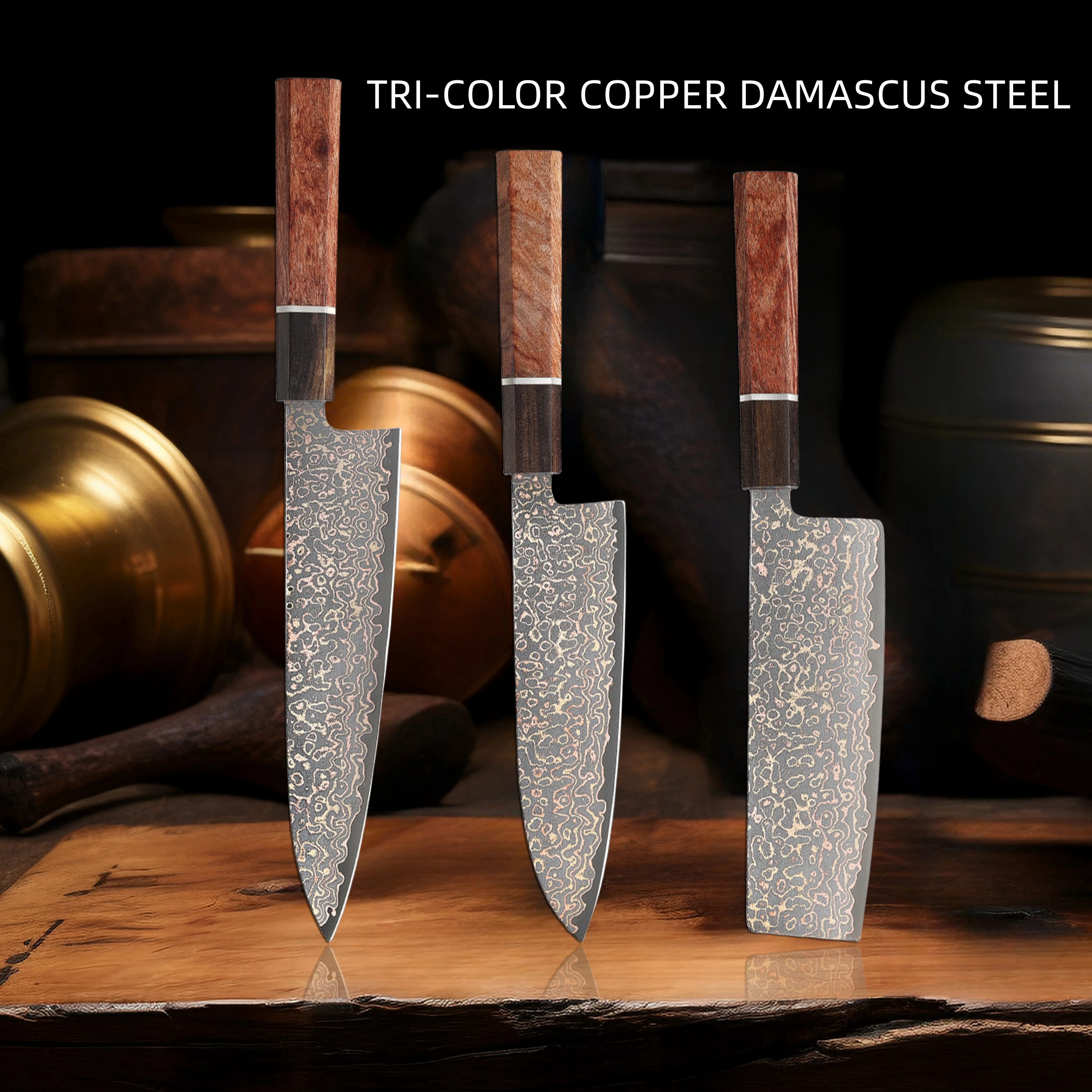 

New Tri-color Copper Damascus Steel Set Kitchen Knife Chef's Knife Santoku Knife Strong And Sharp Kitchen Household Knife