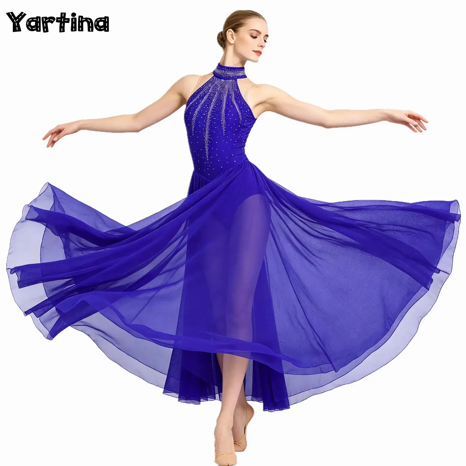 Damen Ballett Lyrisches Modernes Zeitgenössisches Tanzkostüm mit Schlüsselloch-Rücken, Funkelnden Strass-Steinen und Schlitz, Gymnastikkleid, Tanzkleidung