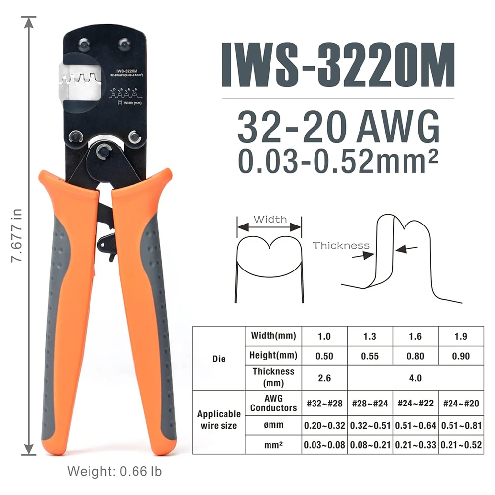 For IWISS IWS3220M Connector Pin Crimping Tool for 32 20 AWG Wire Range with Stable Parallel Crimping and Lightweight TPR Handle