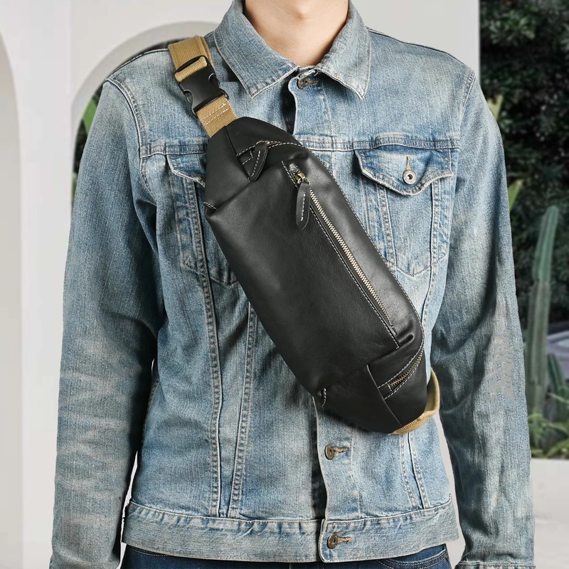 Real Leather Men Casual Fashion Travel Fanny Waist Belt Chest Pack Sling Bag Design Bum Phone Cigarette Case Male Black