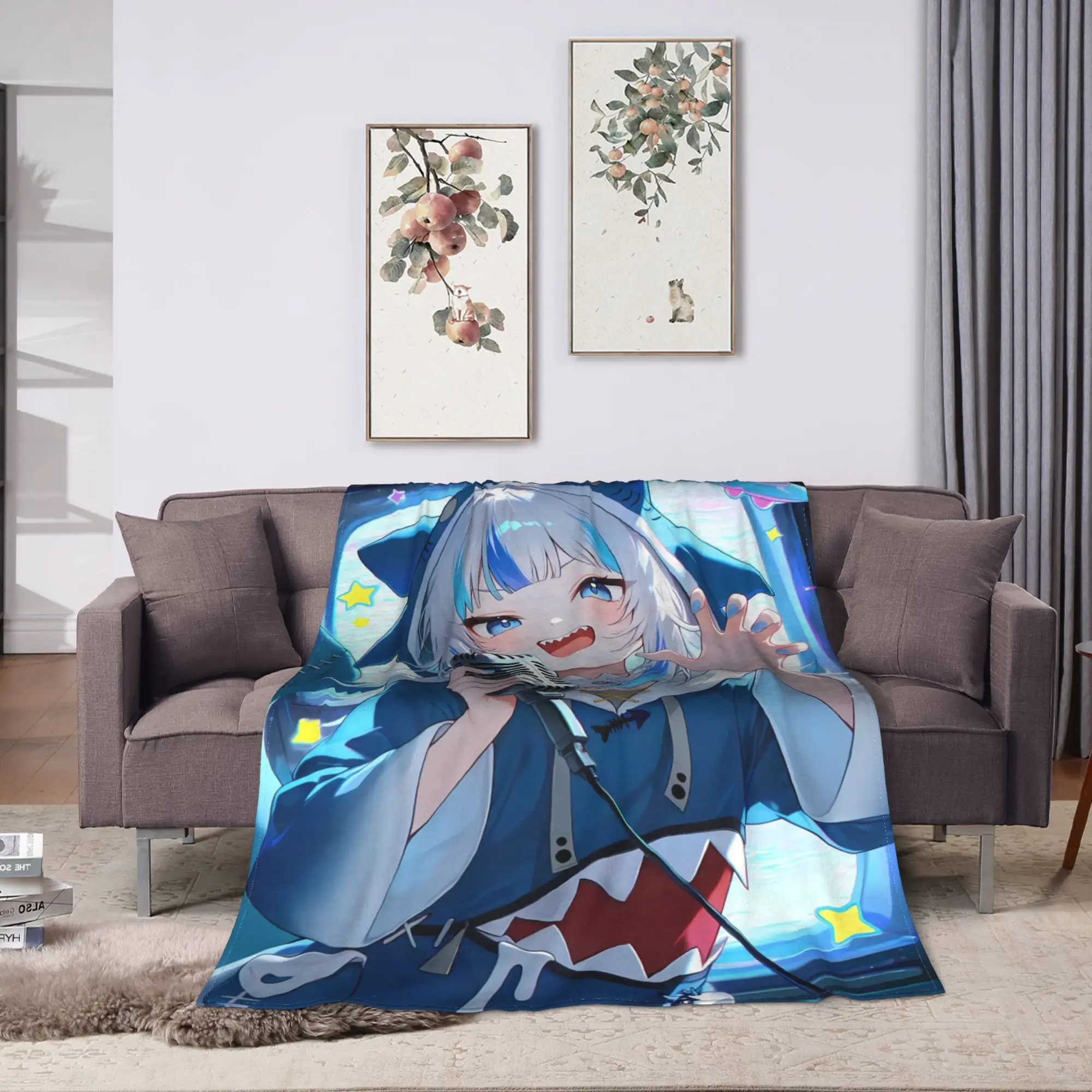 Gawr Gura Singing With Mic Plush Blanket Child  Flannel Throw Blanket For Couch Chair Sofa Bed Soft Warm Bedspread Gift Idea
