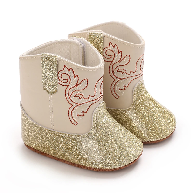 0-1Year Baby Shoes Infant Pre-Walker Shoes Girls Western Cowboy Boots Glitter Embroidery Soft Casual Footwear
