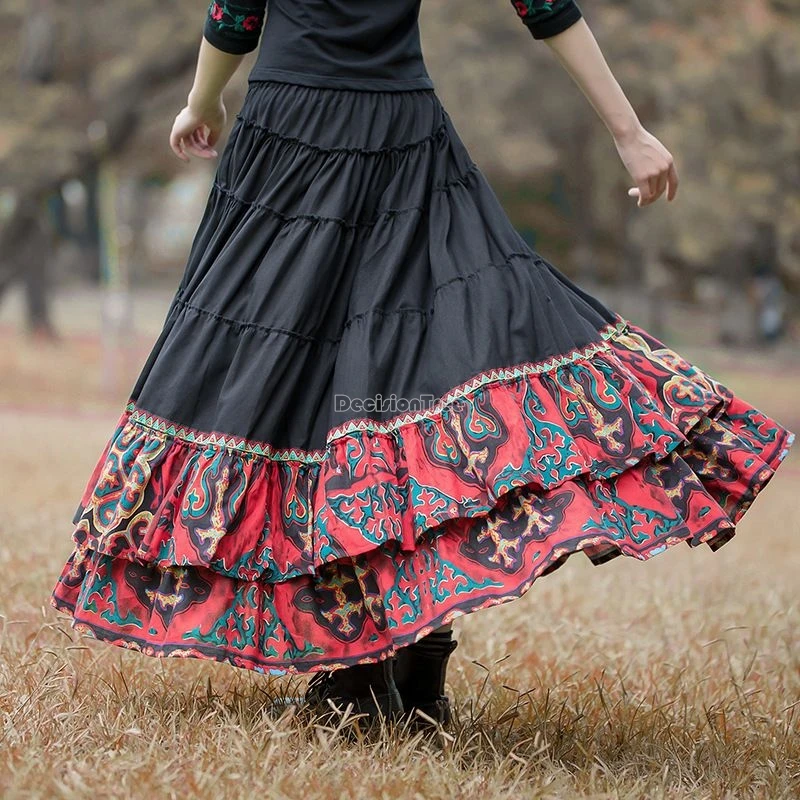 2025 new spring autumn casual women's chinese national retro style skirt cotton and linen patchwork design long loose half skirt