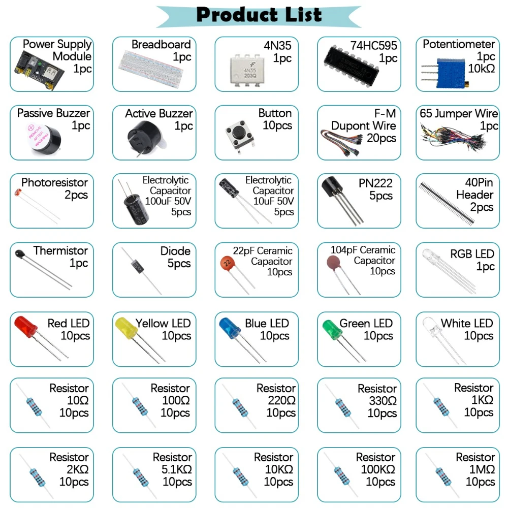 Componentes electrónicos Resistencia de condensador electrolítico LED Kit de placa de pruebas de 830 orificios para paquete de componentes UNO R3 Inicio para principiantes