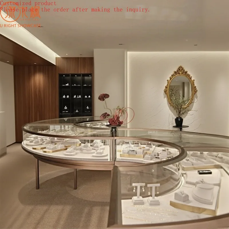 

Custom.Custom European Classical Curved Jewelry Display Cabinets Custom Made Curved Wooden Display Cabinets for Boutique Stores