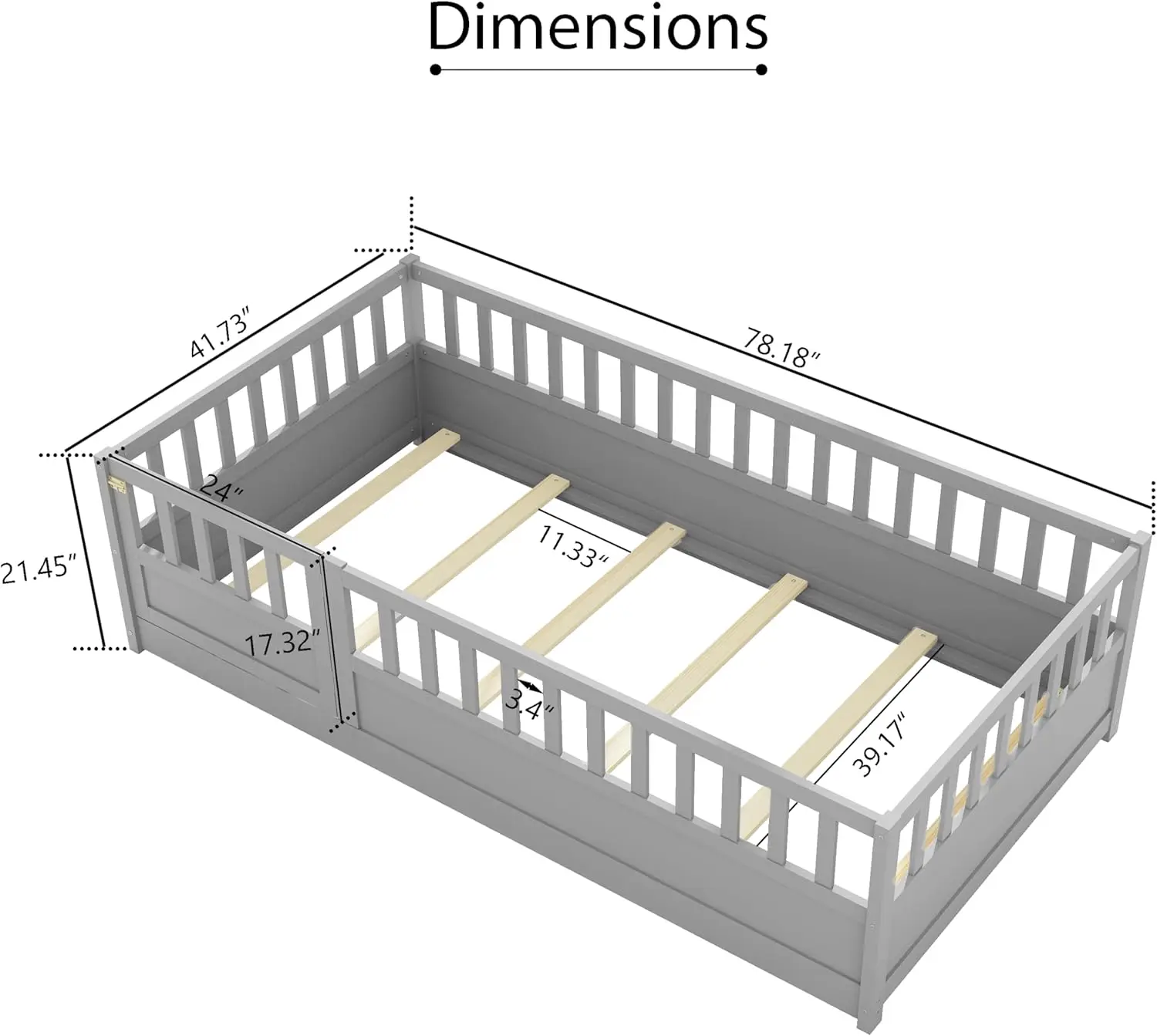 Floor Bed with High Fence, Door and Slats, Kids Bed Twin Size, Wood Montessori Bed for Kids, Girls, Boys, Gray Montessori Floor