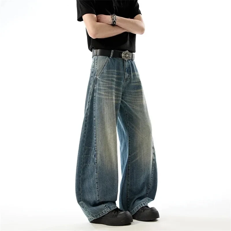

Fashion Bamboo Cotton Men's Jeans Folded Patchwork Design Washed Distressed Loose Casual Straight Denim Long Pants