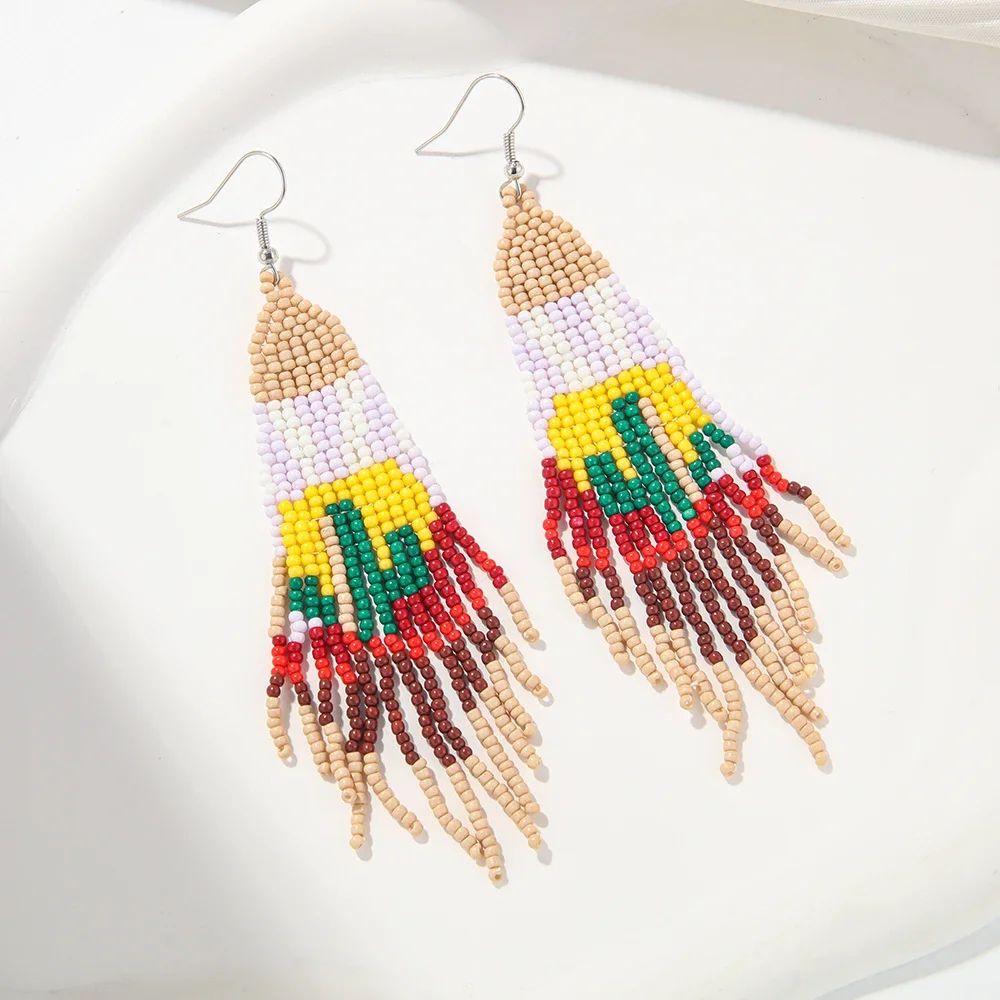 

Beaded earrings Tassel Cactus Design Originality Plant Hand knitting Bohemia Alloy Tide Simple Sun Female Rice bead earrings