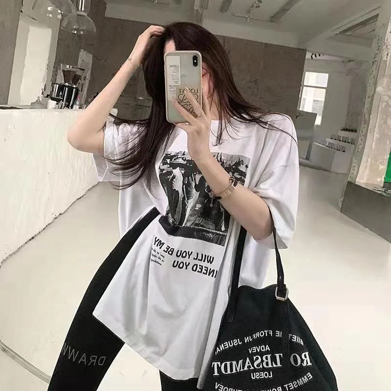 【مقاس كبير】تي شيرت نسائي صيفي كبير الحجم بأكمام قصيرة، بلوزات فضفاضة مطبوعة بمقاسات كبيرة، تي شيرت عصري قديم #6