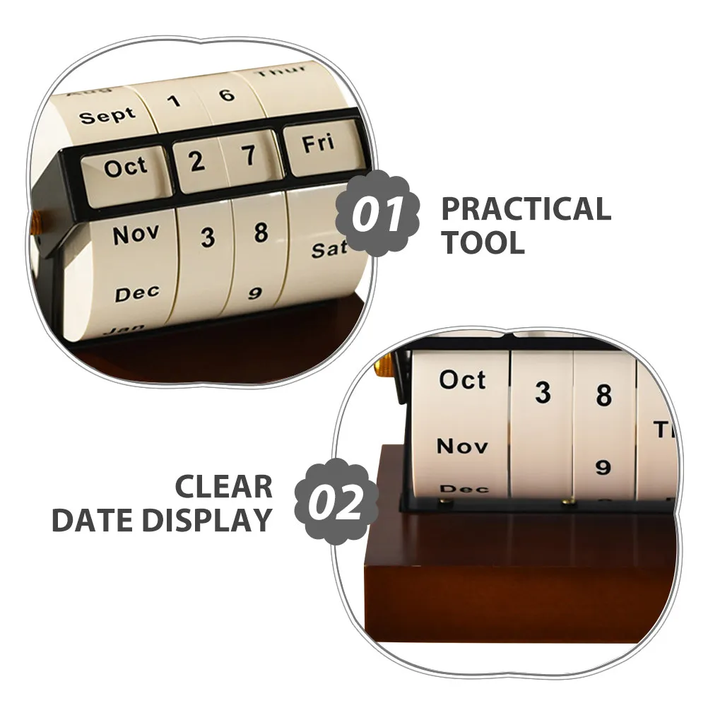 Rotating Perpetual Wooden Desk Calendar with Metal Engraved Wheel – Manual Date Adjustment for Office, Home & Teacher Decor