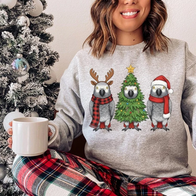 เสื้อฮู้ดลายนกแก้วแอฟริกันเกรย์ สำหรับฤดูใบไม้ร่วงและฤดูหนาว ลายซานต้า ของขวัญคริสต์มาสสำหรับผู้ใหญ่ แขนยาว ให้ความอบอุ่น เสื้อฮู้ดเข้าชุด