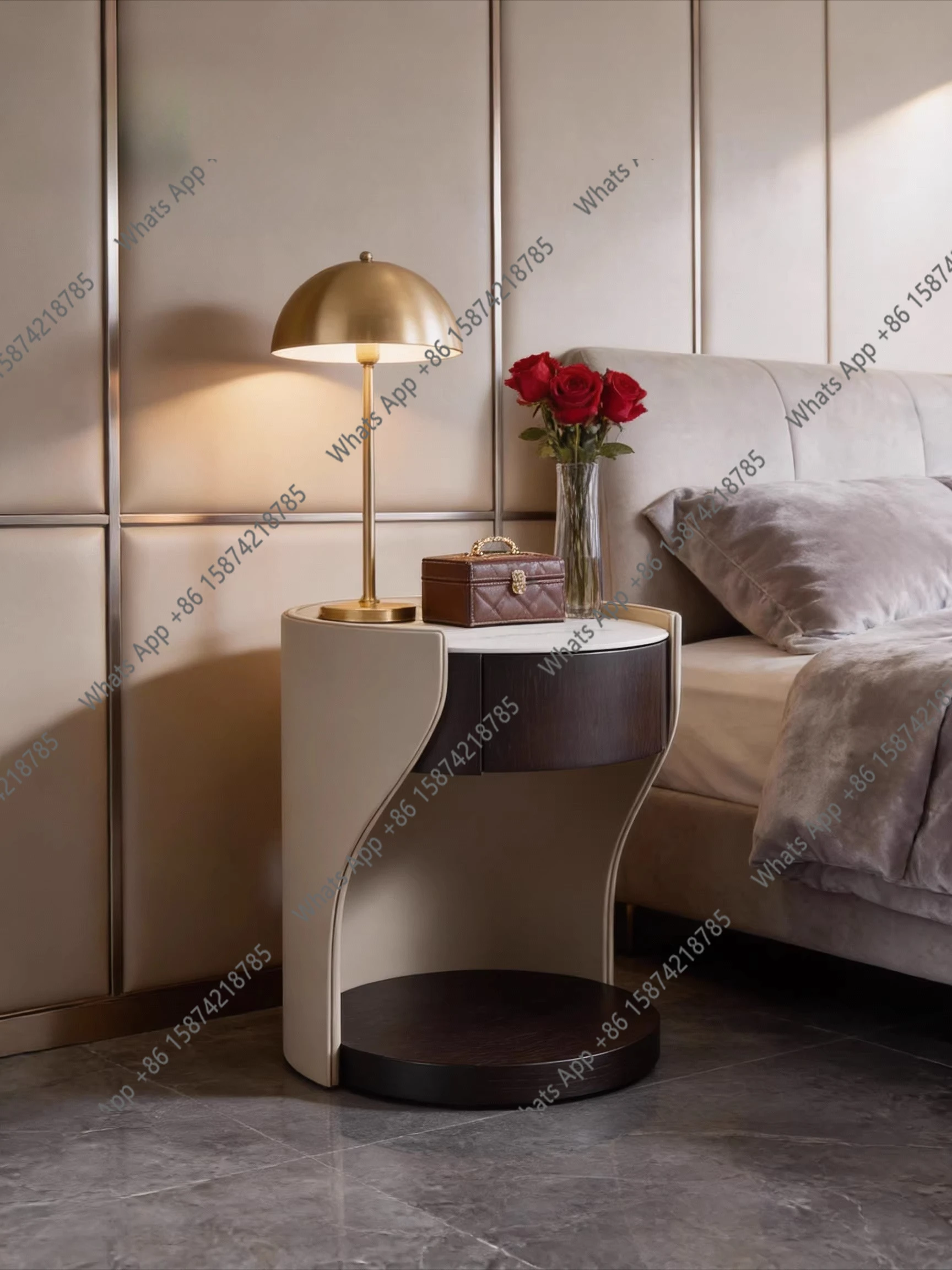 New Italian minimalist bedside table modern bedroom smoked wood solid wood designer microfiber leather high-end