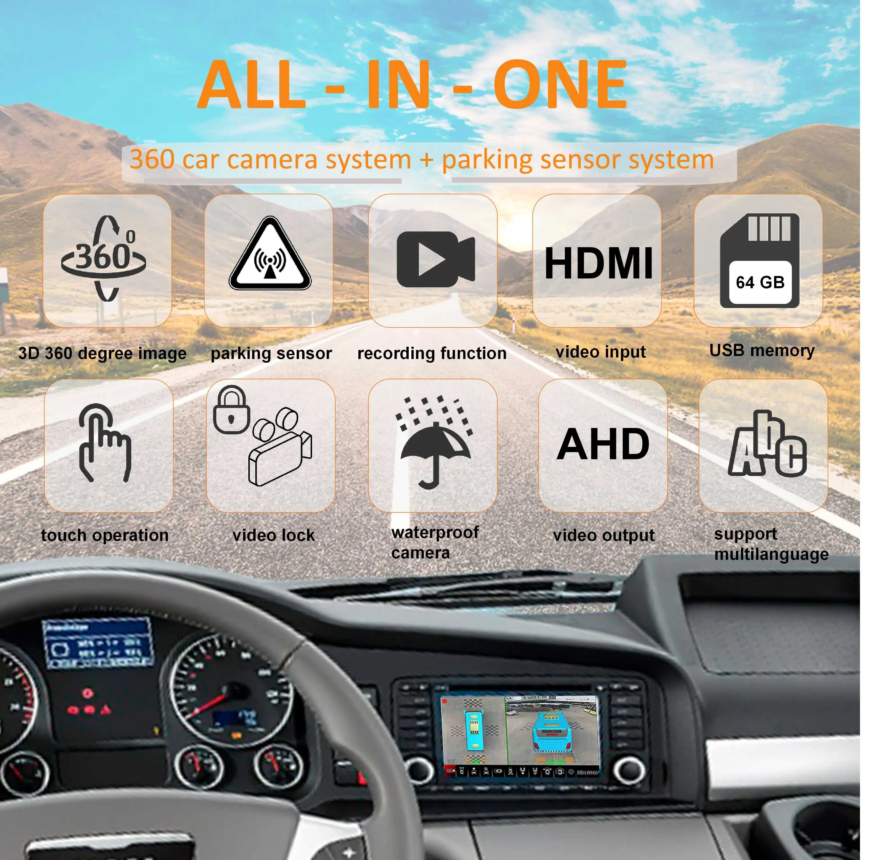 نظام رؤية الطيور ثلاثي الأبعاد 360 درجة للحافلة مقاوم للماء لأمن السيارة، نظام استشعار مواقف السيارات