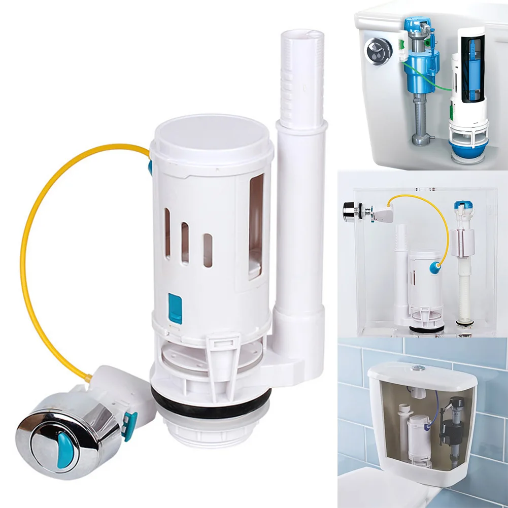 

Toilet Cistern Dual Flush Valve Push Button Essential Bathroom Fixture with Adjustable Overflow Pipe & Chrome Oval Button
