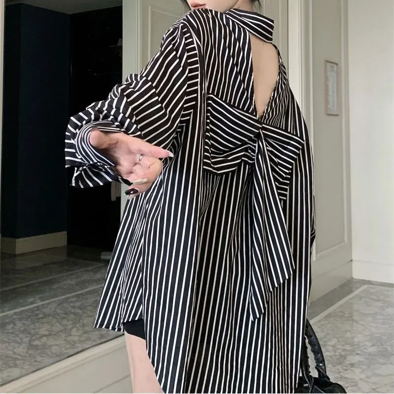 Fashion Backless Bow Blouse Women\'s Clothing Korean Loose Polo-Neck Spring Autumn Commute Basic Striped Single-breasted Shirt