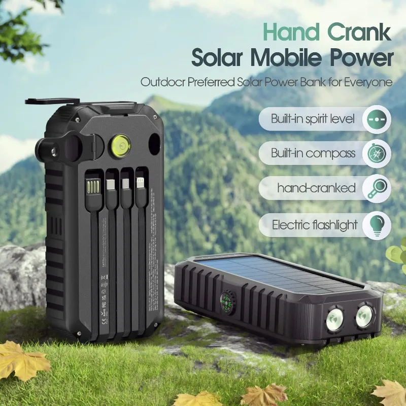 

20000mAh Solar Power Bank with Hand Crank & 4 Cables,Dual UsB/Type-C Fast Charging, Bright LED Light, Built-inCompass & Leveler