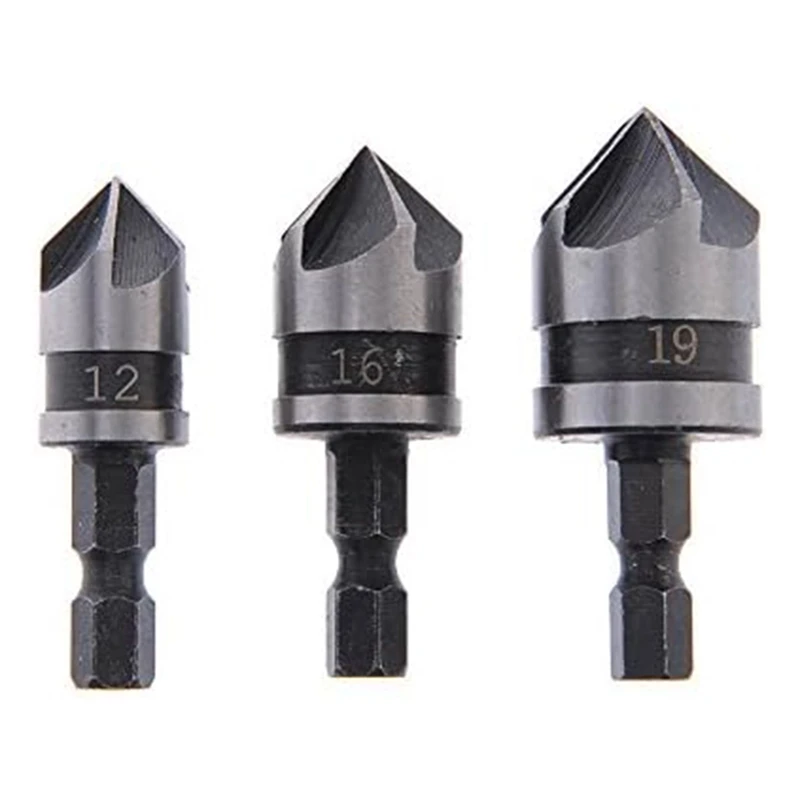 3 PCS 1/4Inch Hex 12/16/19Mm Countersink Bore Set For Wood Metal Quick Change Bit Durable Easy To Use