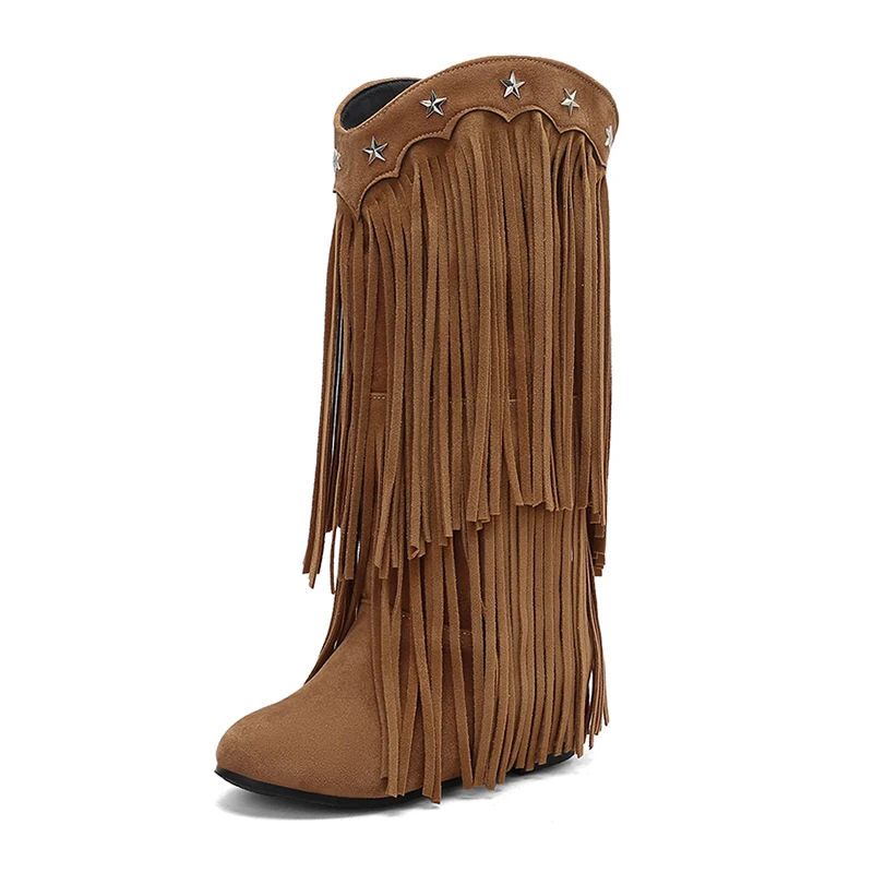 

Womens Fringe Western Boots Fashion Hidden Heels Calf High Booties Starts Rivets Decor Winter Shoes