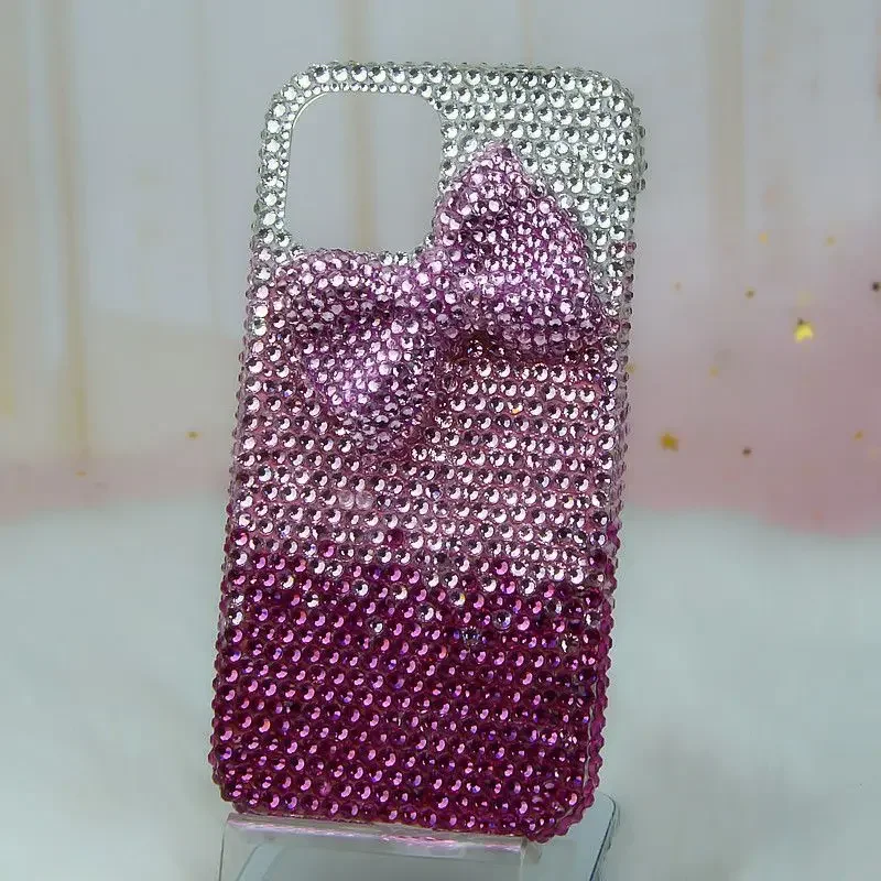 Gradient Pink 3D Bow Water Diamond Girl Phone Case for iPhone 15 Pro Max 14 Plus 13 12 11 XSMax XR with Hanging Chain Cover