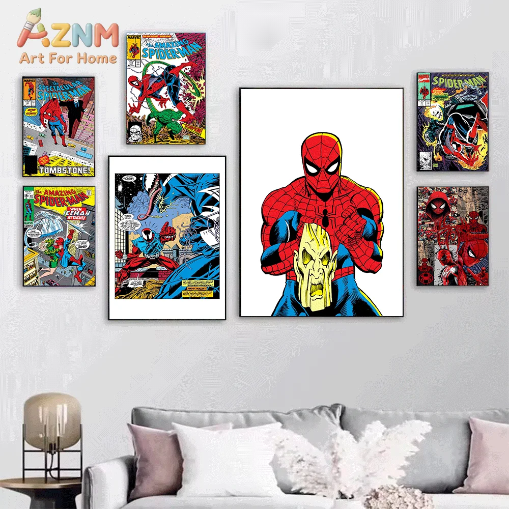 AZNM Spiderman Finger Gesture Pixel Background Comic Canvas Wall Print, Cool Superhero Character Comic Book Art Poster, Unfram