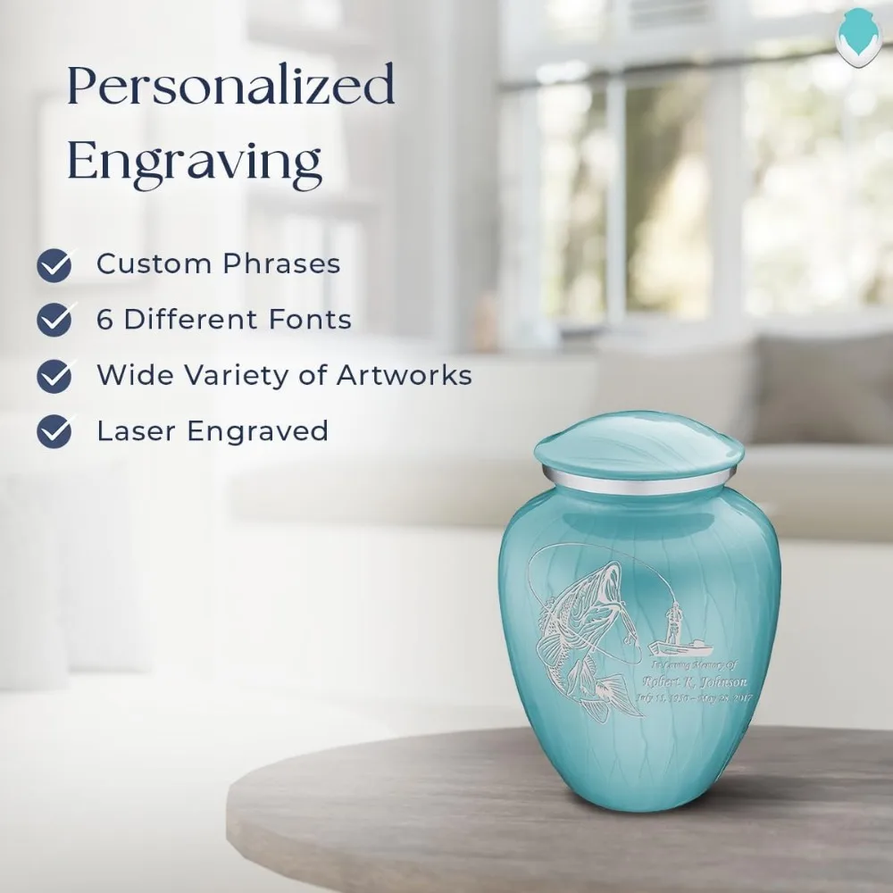 جرة حرق مخصصة لصيد الأسماك باللون الأزرق الفاتح اللؤلؤي للرماد البشري، مناسبة للرجال والنساء، تحمل ما يصل إلى 44 رطلاً