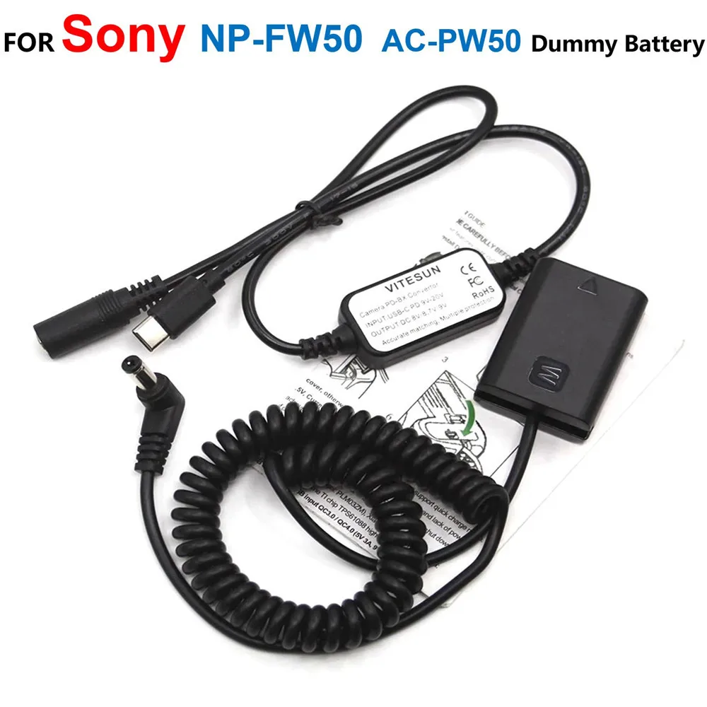 

NP-FW50 AC-PW20 Fake Battery+USB Type-C Spring Power Bank Cable For Sony ZV-E10 A7M2 A7II A7S2 A7R A7RII A6000 A6300 A6400 A6500