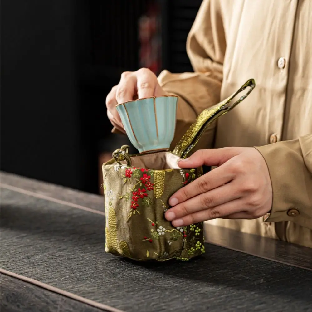 Chinese Style Teacup Cloth Pouch Makeup Bag Portable Brocade Storage Bag Multifunctional Storage Bag Embroidered Handbag