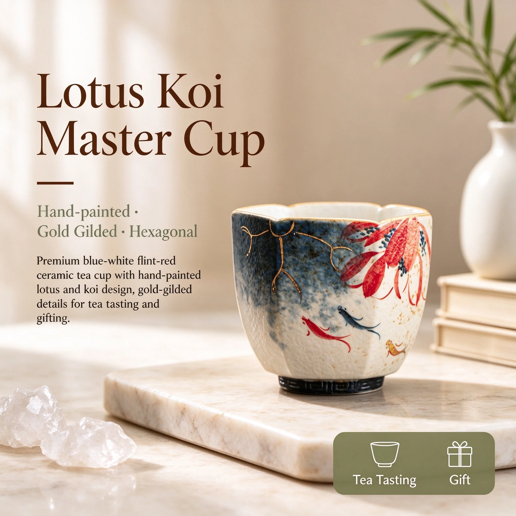 Premium Blue White Flint Red Hand Painted Lotus Koi Hexagonal Master Cup Gold Gilded Ceramic Tea Tasting Cup Home Office Gift