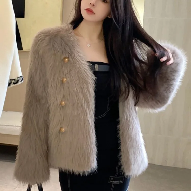 Women Faux Fox Fur Coats Solid Short Fur Jacket Button Round Neck Long Sleeve Loose Fit Thick Warm Fur Casual 2025 Autumn Winter