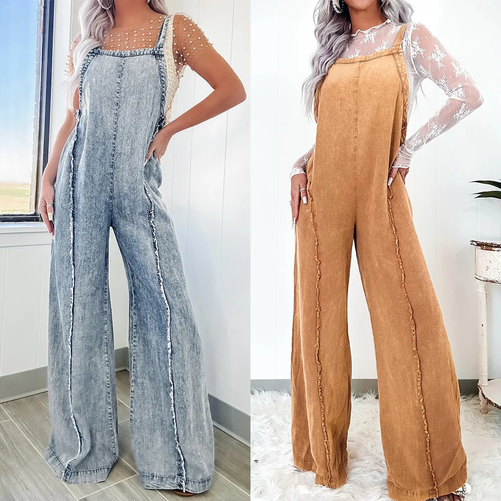 

Women Loose Overalls Bleached Retro Raw Hem Wide Legs Jumpsuit Pants Full Length High Waist Sleeveless Trousers Playsuit